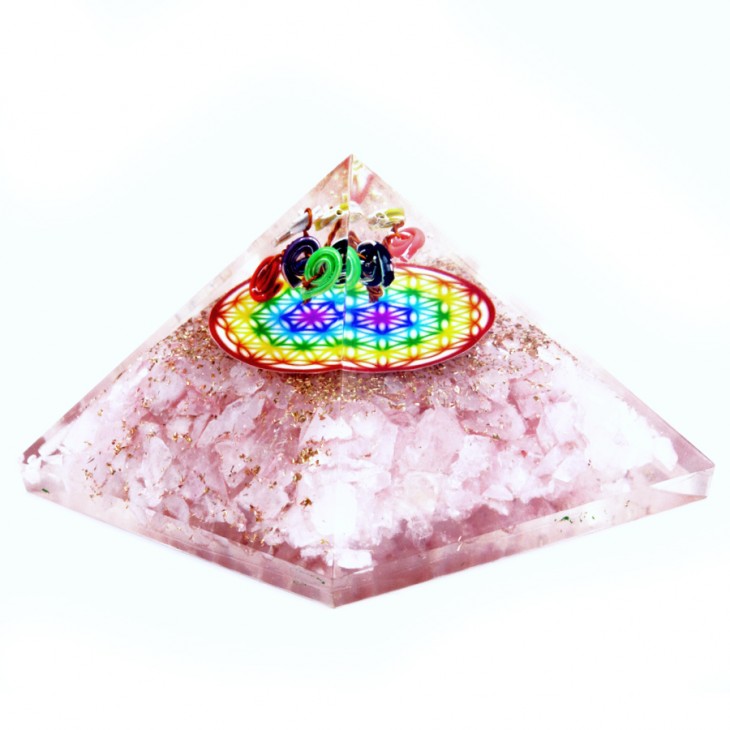 Piramida Orgonit 70mm Kwarc Różowy Tęczowy Kwiat Życia